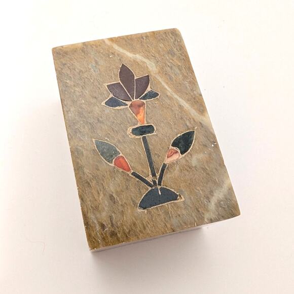 Vtg Beige Soapstone Marble Lidded Trinket Box Floral Inlay Rectangle India - Picture 11 of 16
